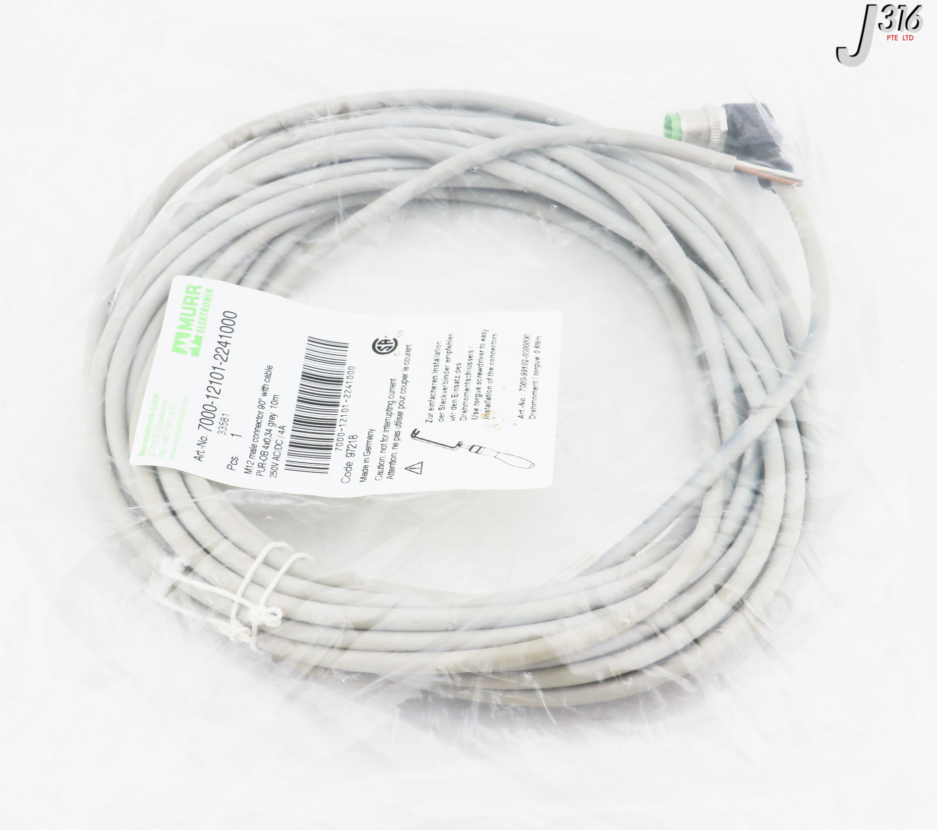 ※J※ 32166 MURR ELEKTRONIK M12 MALE CONNECTOR 90  W/ CABLE (NEW) 7000